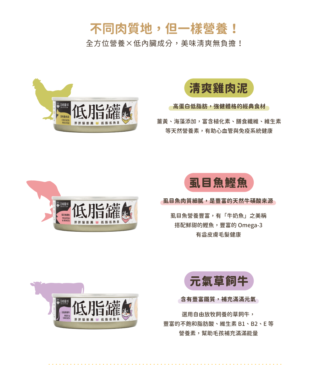 <div> <strong>「讓需要控制體重的貓咪也能吃飽飽！」</strong> </div> • 特選低脂食材，打造貓咪低卡餐 • 真材實料，完全無人工膠類